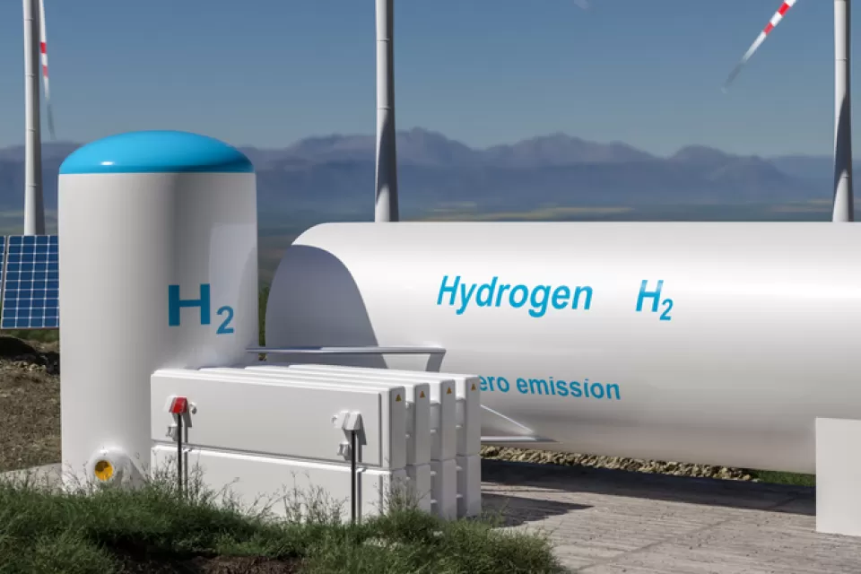 Rendering of hydrogen storage tank with solar panels in background